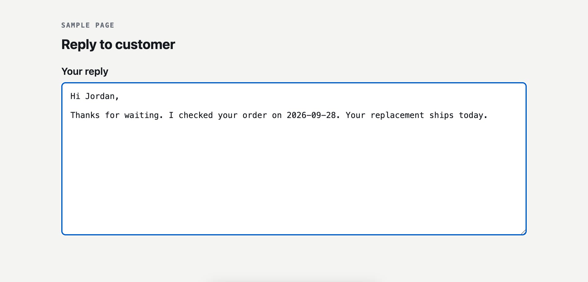 The finished reply with the name, the date and the added sentence.