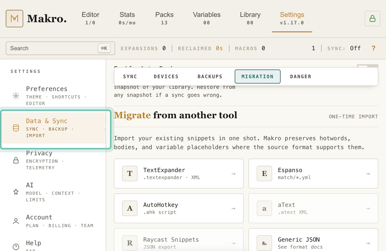 The Migrate from another tool section in Makro settings.