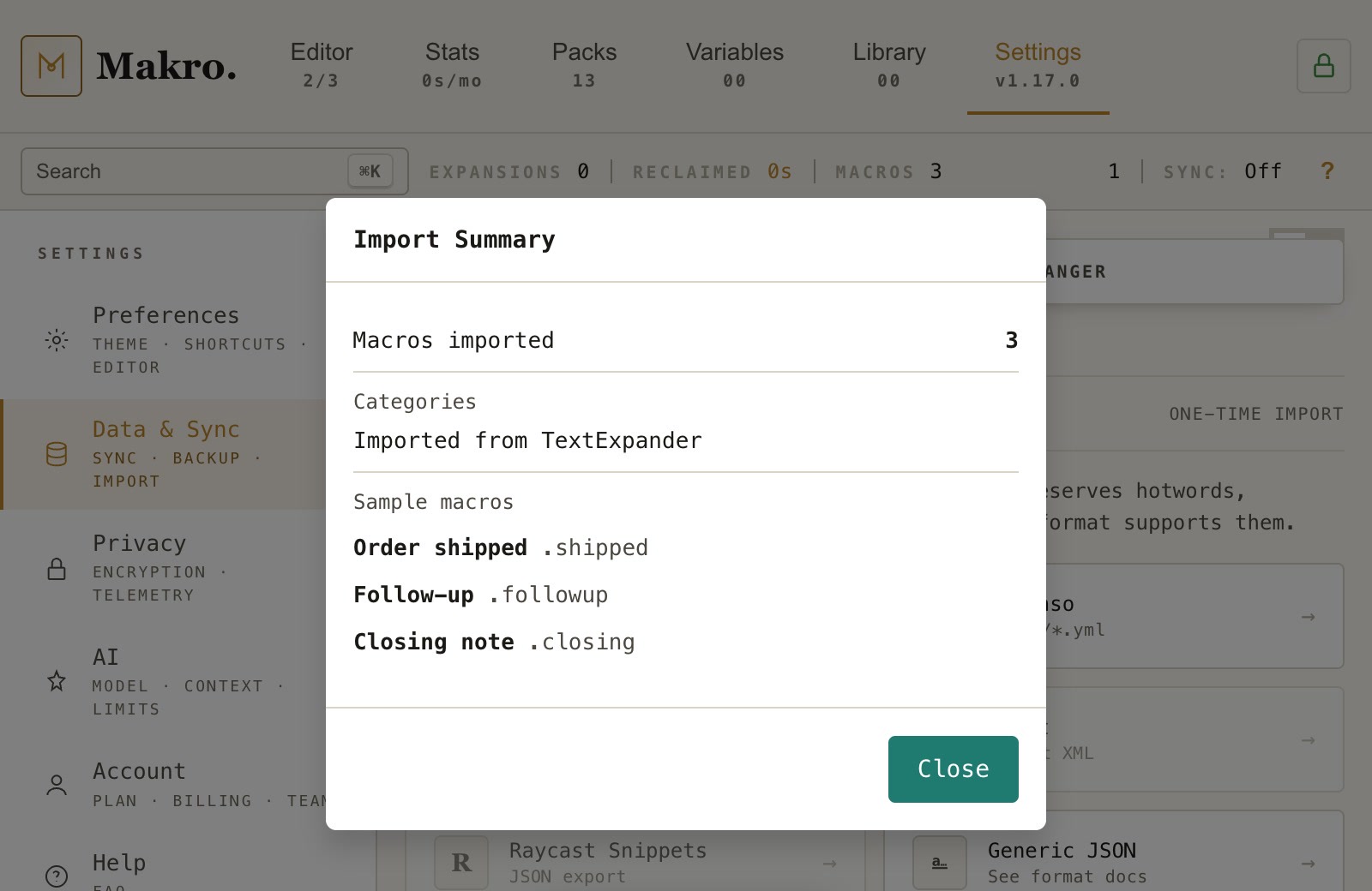The import confirmation.