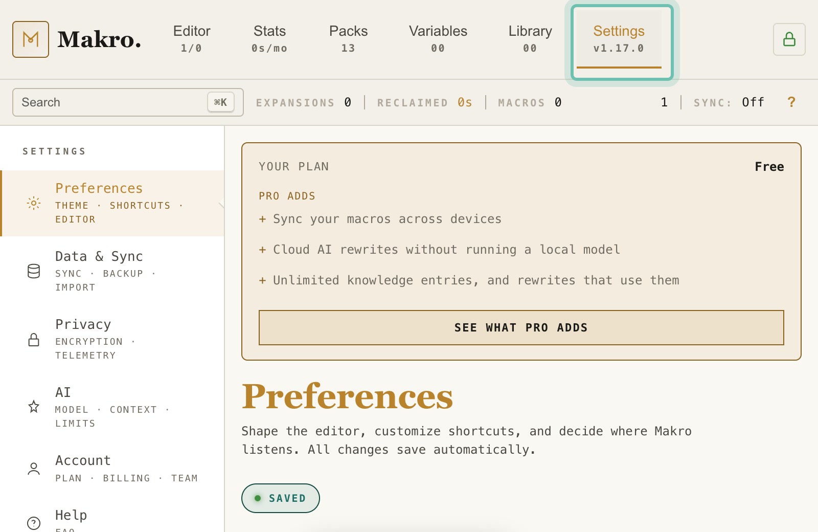 The Settings tab highlighted in the Makro popup.