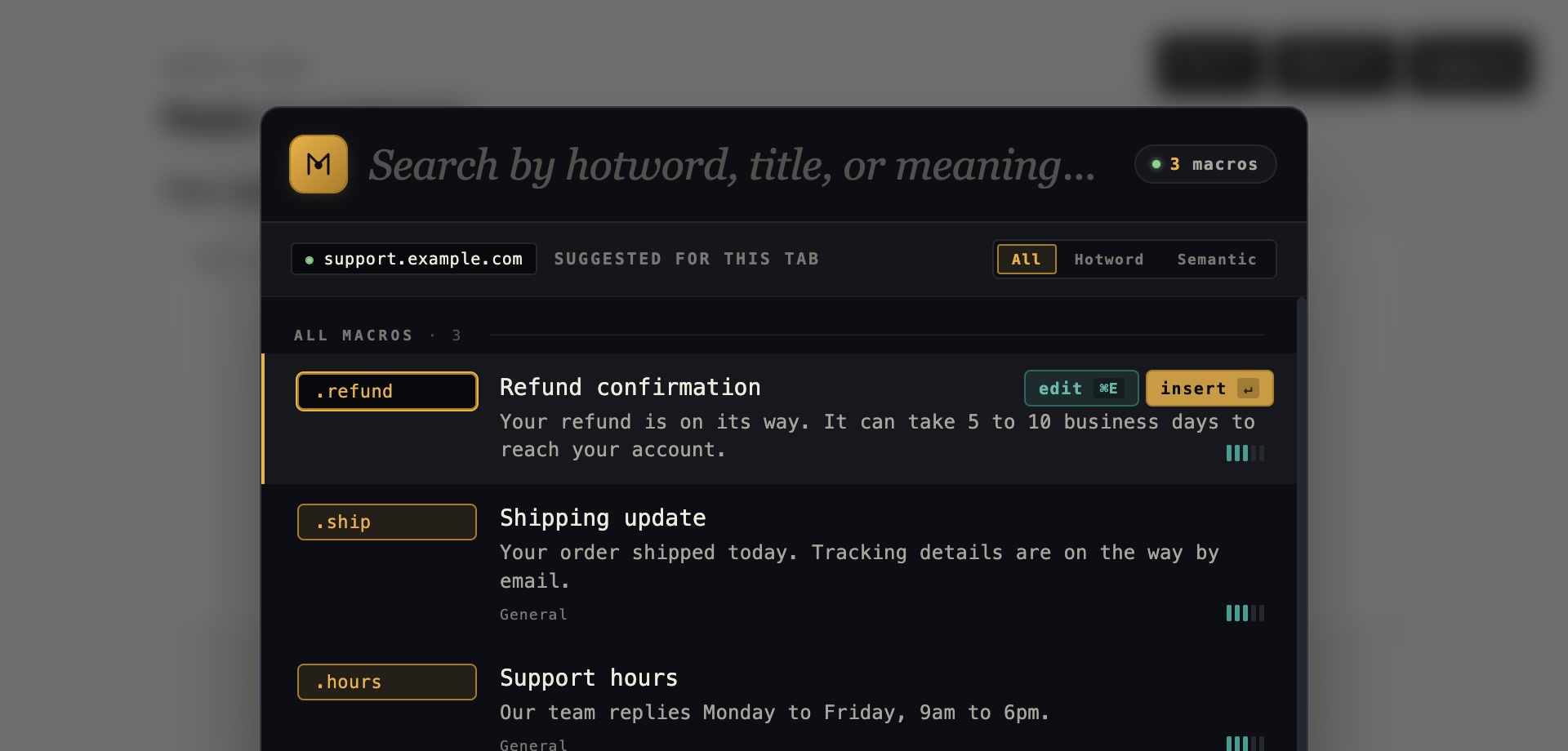 The Makro search overlay open over the reply box.