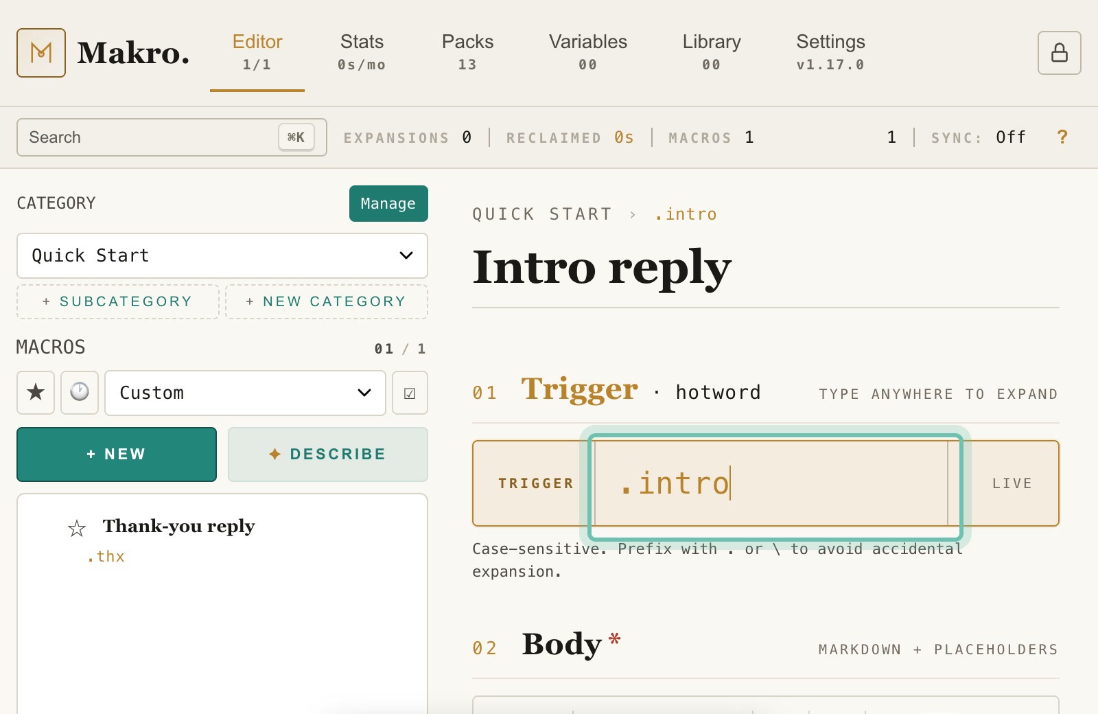 The title and hotword fields filled in with Intro reply and .intro.